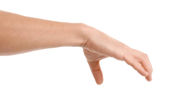 Mężczyzna Trzyma Coś Rękę Białym Tle Zbliżenie — Zdjęcie stockowe