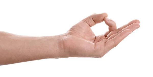 Homem Mostrando Mudra Fundo Branco Close Mão — Fotografia de Stock