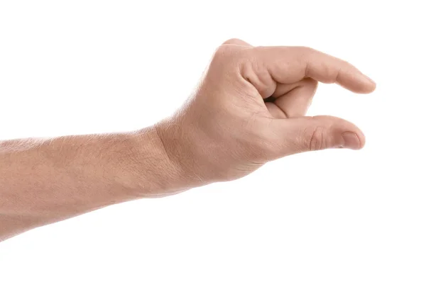 Man Holding Something Hand White Background Closeup — Stock Photo, Image