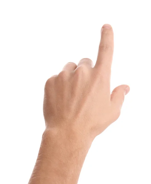 Mężczyzna Wskazujący Coś Białym Tle Zbliżenie Dłoni — Zdjęcie stockowe