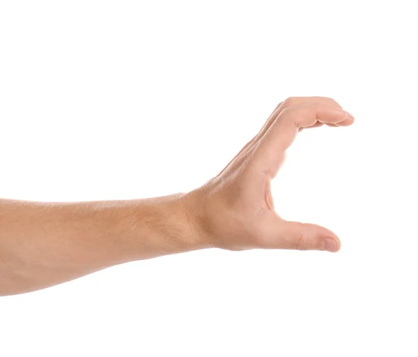 Man Holding Something Hand White Background Closeup — Stock Photo, Image