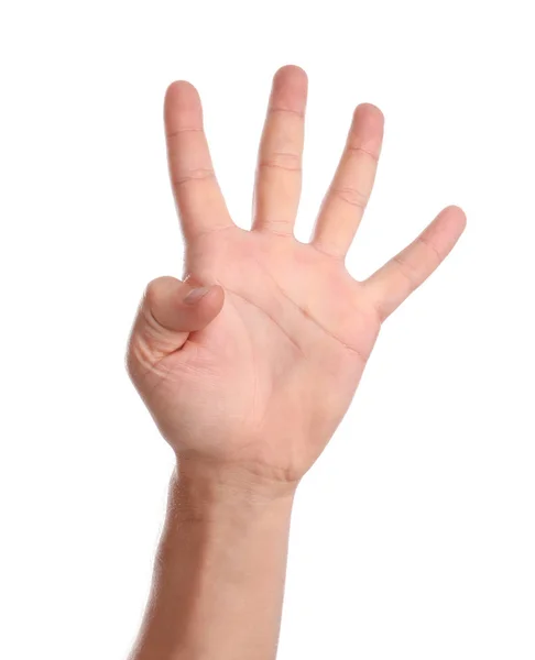 Man Pokazano Cztery Palce Białym Tle Zbliżenie Ręki — Zdjęcie stockowe