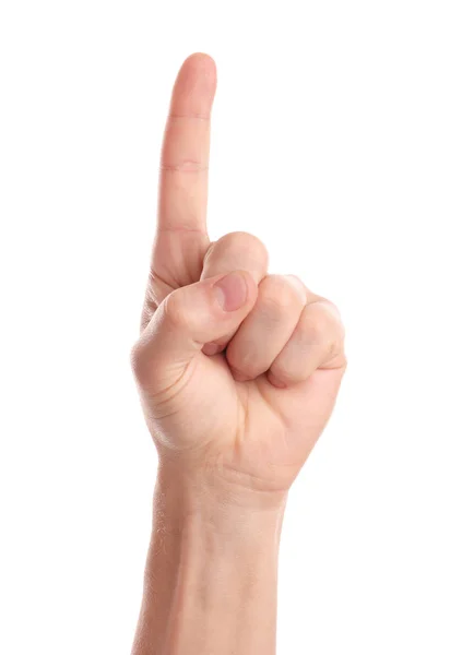 Man Pointing Something White Background Closeup Hand — Stock Photo, Image