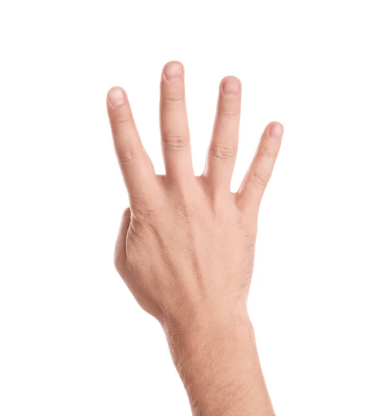 Man Showing Four Fingers White Background Closeup Hand — Stock Photo, Image