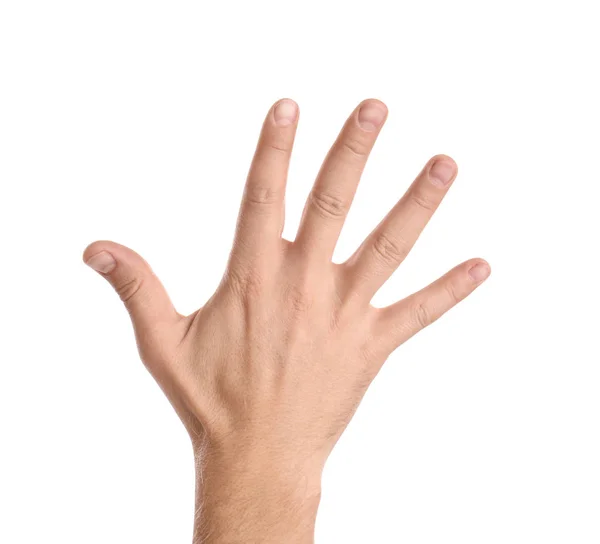 Mann Zeigt Hand Auf Weißem Hintergrund Nahaufnahme — Stockfoto