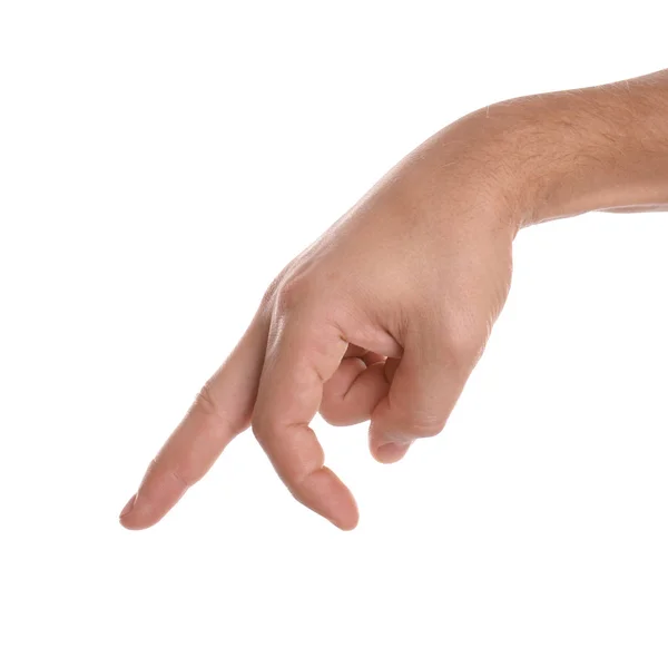 Mann Zeigt Hand Auf Weißem Hintergrund Nahaufnahme — Stockfoto