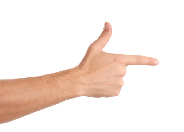 Man Pointing Something White Background Closeup Hand Stock Image