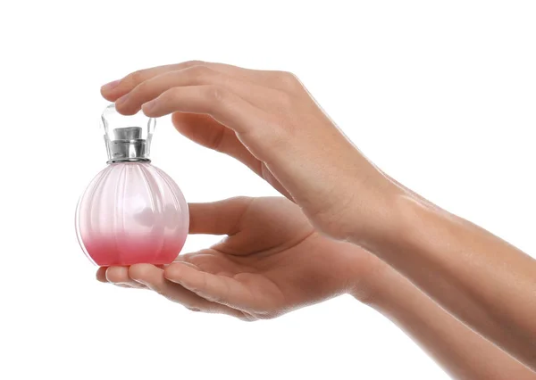 Young Woman Perfume Bottle White Background Closeup — Stock Photo, Image