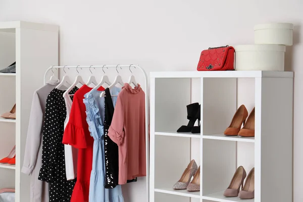 Wardrobe Shelves Different Stylish Shoes Clothes Indoors Idea Interior Design — Stock Photo, Image