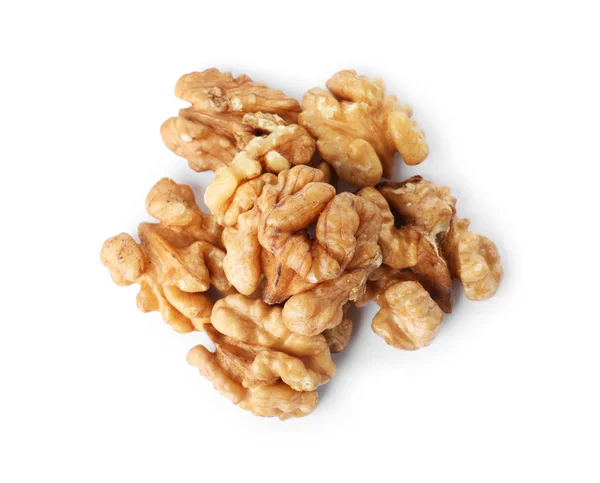 Heap Tasty Walnuts White Background Top View — Stock Photo, Image