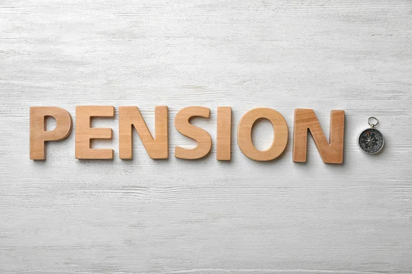 Плоска Композиція Словом Pension Компасом Дерев Яному Фоні — стокове фото