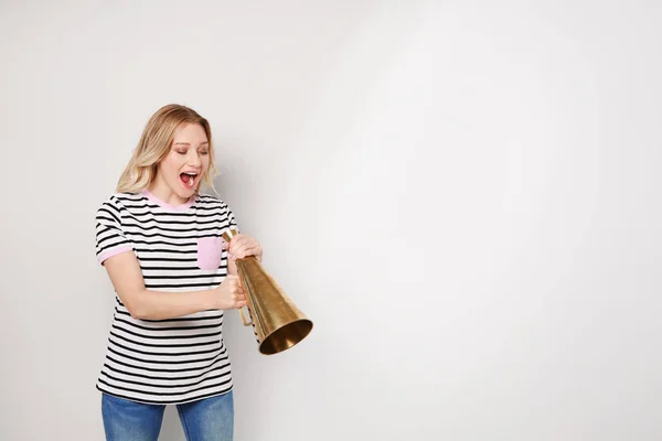 Young Woman Shouting Megaphone Light Background Space Text — Stock Photo, Image