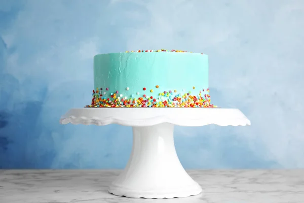 Fresh Delicious Birthday Cake Stand Color Background — Stock Photo, Image