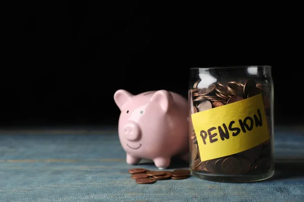 Piggy Bank Jar Coins Word Pension Table Space Text — Stock Photo, Image