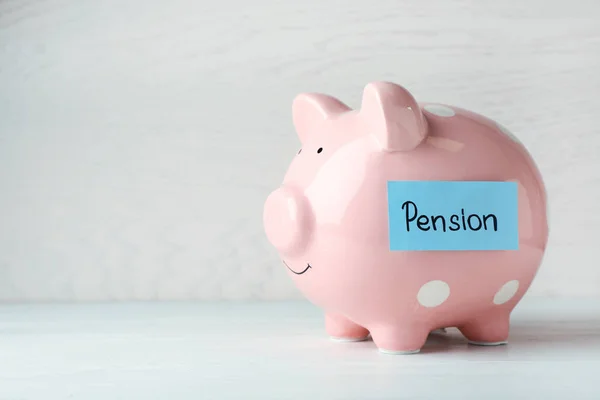 Piggy Bank Paper Word Pension Table Space Text — Stock Photo, Image