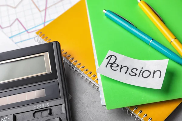 Paper Word Pension Stationery Notebooks Calculator Table — Stock Photo, Image