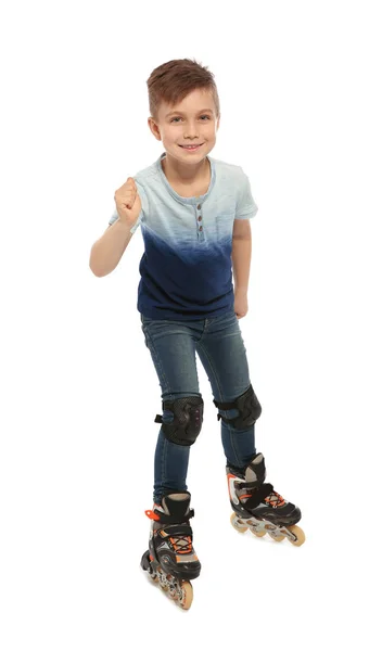 Niño Pequeño Con Patines Línea Sobre Fondo Blanco — Foto de Stock