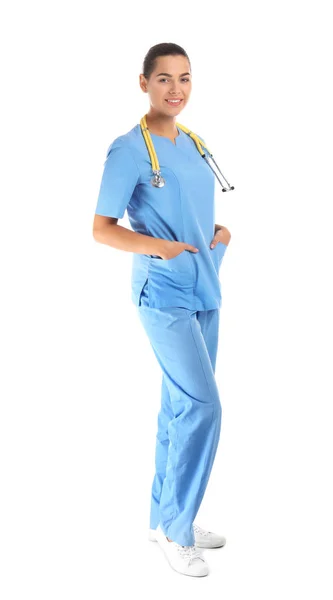 Ritratto Completo Giovane Assistente Medico Con Stetoscopio Sfondo Bianco — Foto Stock