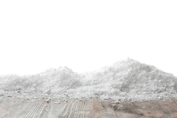Superfície Madeira Coberta Com Neve Contra Fundo Branco — Fotografia de Stock