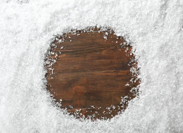 Rama Wykonana Śniegu Podłoże Drewniane Widok Góry Miejsca Tekst — Zdjęcie stockowe