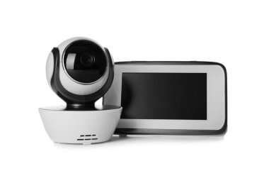 Bebek telsizi ve üzerinde beyaz izole kamera. CCTV ekipman