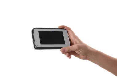 Bebek telsizi beyaz arka plan üzerinde tutan kadın. CCTV ekipman