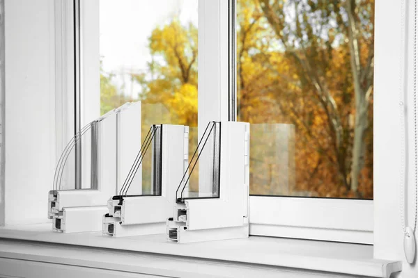 Samples Modern Window Profiles Sill Indoors Space Text Installation Service — Stock Photo, Image