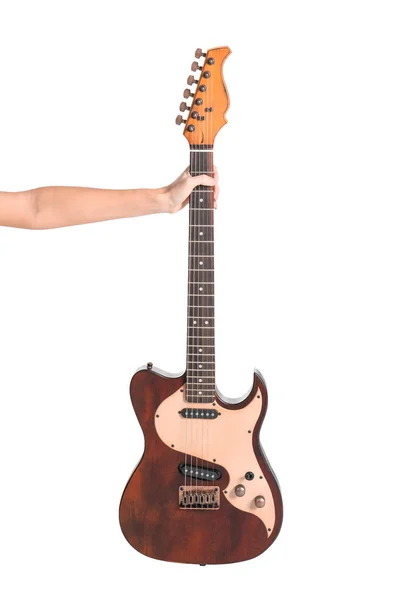 Mulher Segurando Guitarra Elétrica Fundo Branco Close — Fotografia de Stock