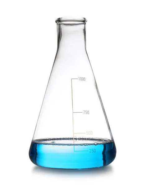 Frasco Cónico Com Amostra Isolada Branco Produtos Vidro Laboratório Química — Fotografia de Stock
