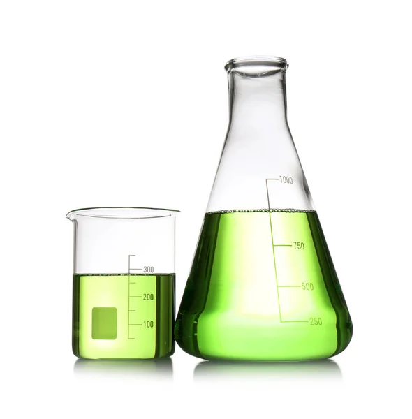 Chemie Laboratoriumglaswerk Met Monsters Geïsoleerd Wit — Stockfoto