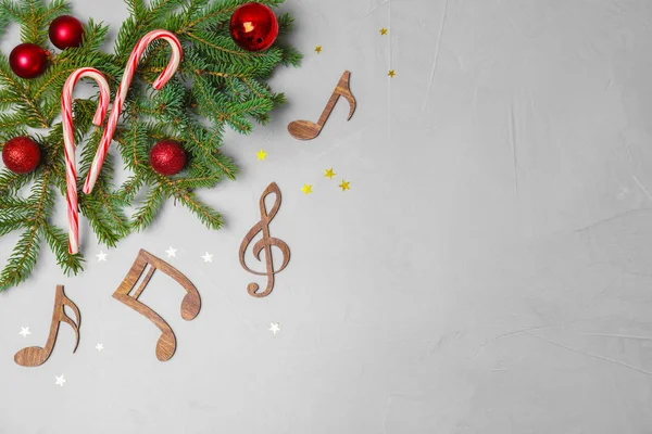 Composição Flat Lay Com Decoração Natal Notas Música Madeira Espaço — Fotografia de Stock