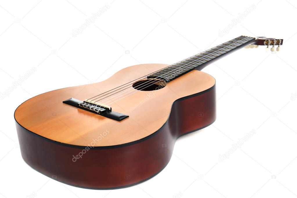 Acoustic guitar on white background. Musical instrument