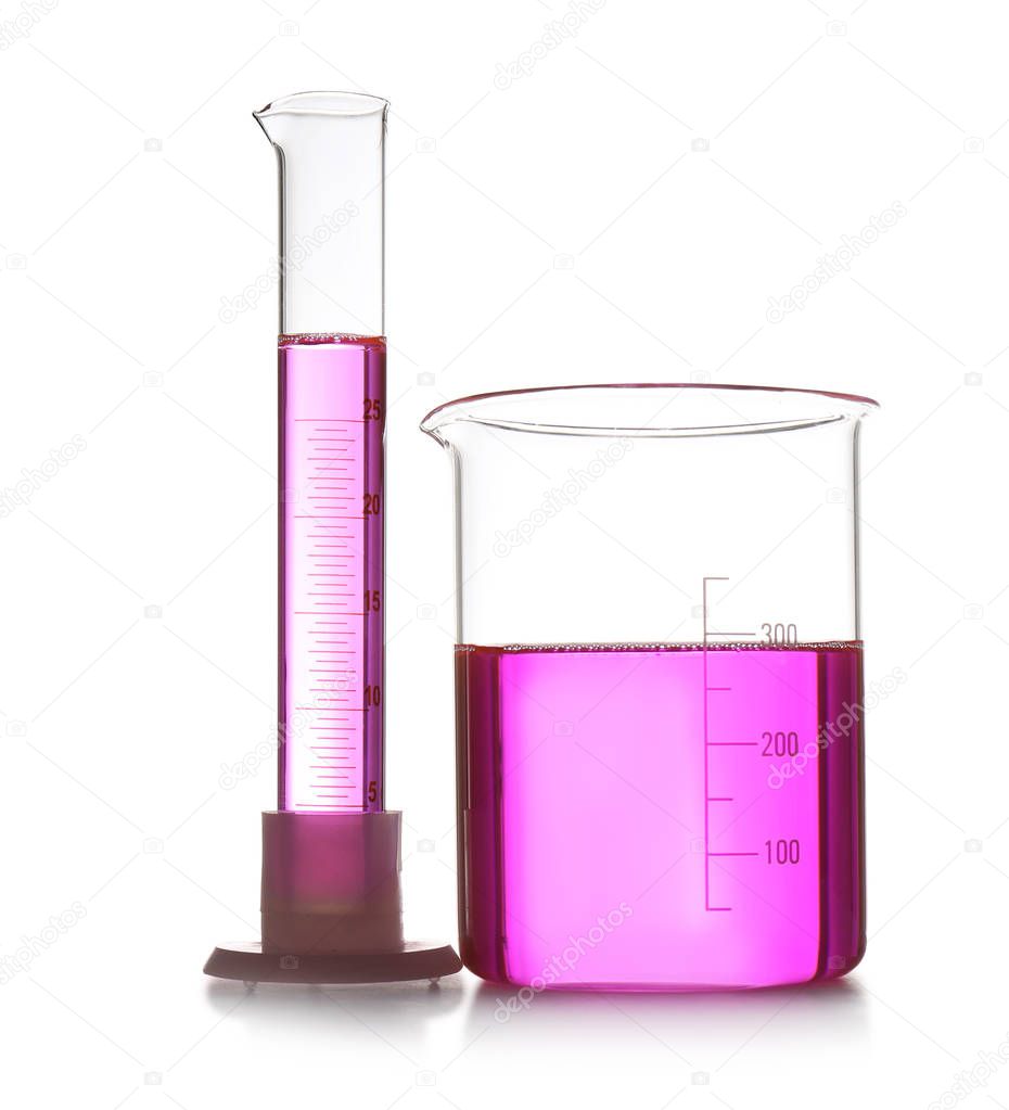 Chemistry laboratory glassware with samples isolated on white