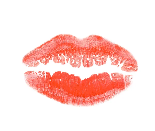 Lippenstift Kus Mark Geïsoleerd Wit Top Uitzicht Levend Koraal Kleur — Stockfoto