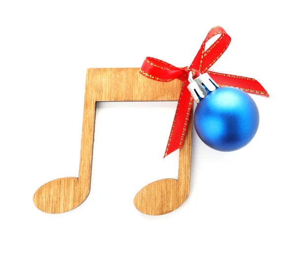 Houten Muziek Opmerking Met Kerst Bal Geïsoleerd Wit Top Uitzicht — Stockfoto