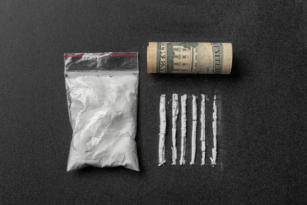Plochá Laických Složení Kokainového Prášku Peníze Černém Pozadí — Stock fotografie