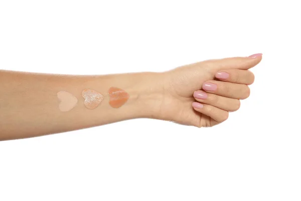 Woman Different Foundation Swatches Her Hand White Background Closeup — Stock Photo, Image