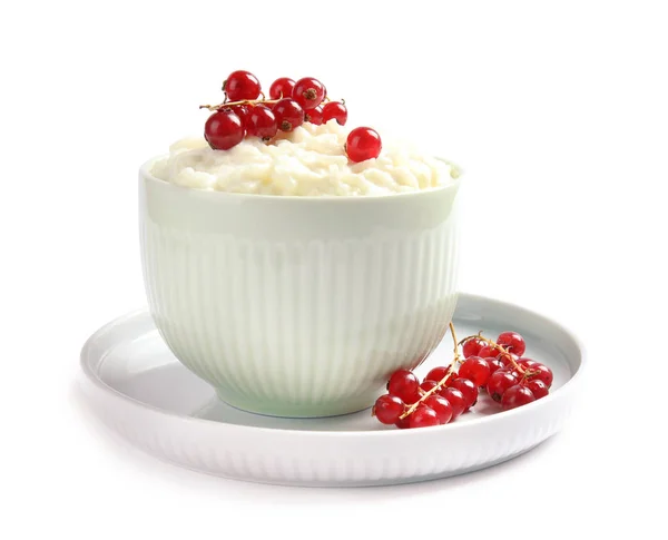 Budino Riso Cremoso Con Ribes Rosso Ciotola Fondo Bianco — Foto Stock