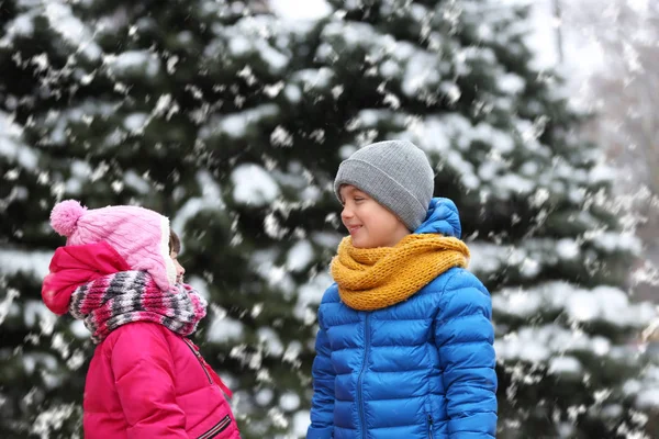 Bambini Felici Abiti Caldi All Aperto Giorno Nevoso — Foto Stock