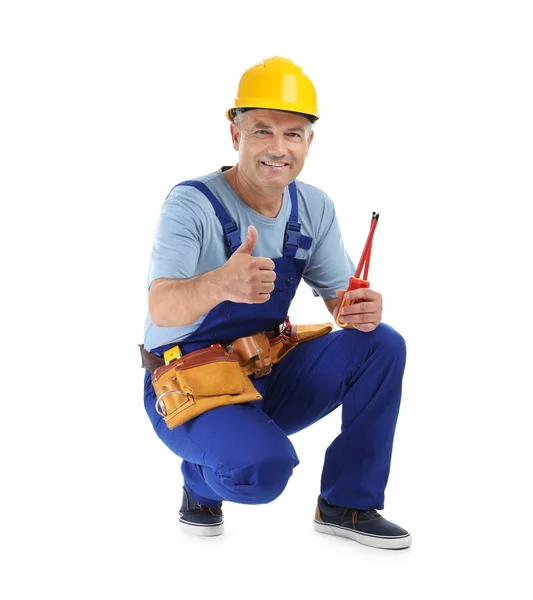 Électricien Avec Des Outils Portant Uniforme Sur Fond Blanc — Photo