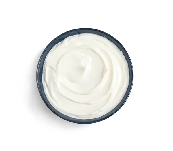 Bowl Fresh Sour Cream Isolated White Top View — Stock Photo, Image