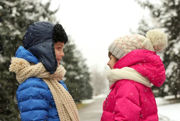 Carino Bambini Piccoli All Aperto Nel Giorno Nevoso — Foto Stock