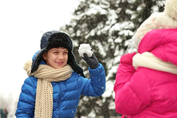 Маленькі Діти Грають Снігом Відкритому Повітрі Зимовий День — стокове фото
