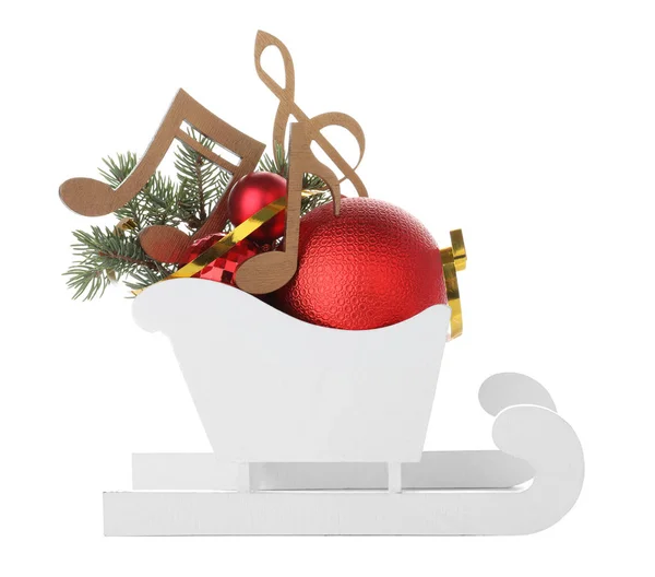 Slitta Decorativa Con Note Musica Legno Palle Natale Slitta Isolata — Foto Stock