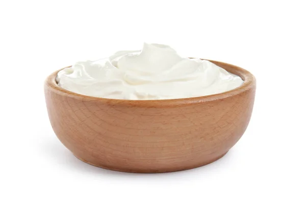 Wooden Bowl Fresh Sour Cream Isolated White Stock Photo
