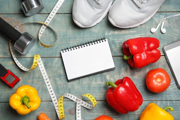 Flat Lay Composition Sport Items Healthy Food Notebook Space Text — Stock Photo, Image