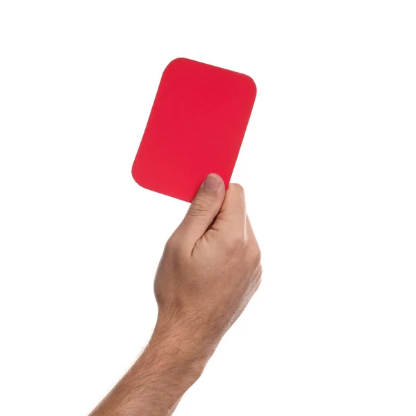 Mann Mit Roter Karte Auf Weißem Hintergrund Nahaufnahme Der Hand — Stockfoto