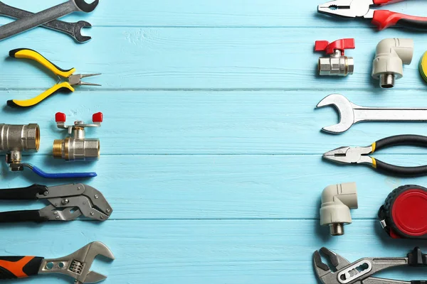 Flat Lay Composition Plumber Tools Space Text Blue Wooden Background — Stock Photo, Image