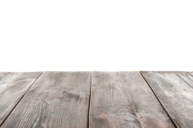 Beyaz arka plan boş ahşap masa yüzeyine