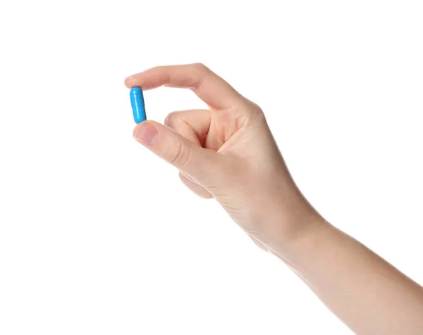 Woman Holding Color Pill White Background Closeup — Stock Photo, Image